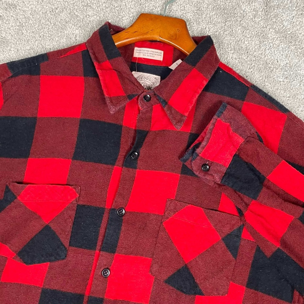Vintage Sanforized Flannel Shirt Mens XL Red Buffalo Plaid Saugatuck Dry Goods
